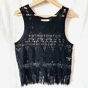 Love Tree Los Angeles crochet fishnet fringe black bohemian 80's western top Lg